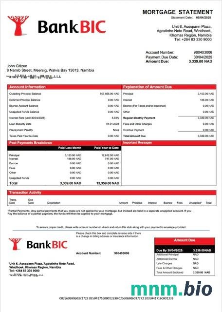Namibia Bank BIC Namibia wyciąg z kredytu hipotecznego szablon Word i PDF